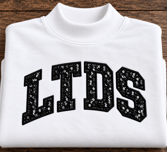 LTDS White Mock Neck Black Sequin Letter White Sweatshirt