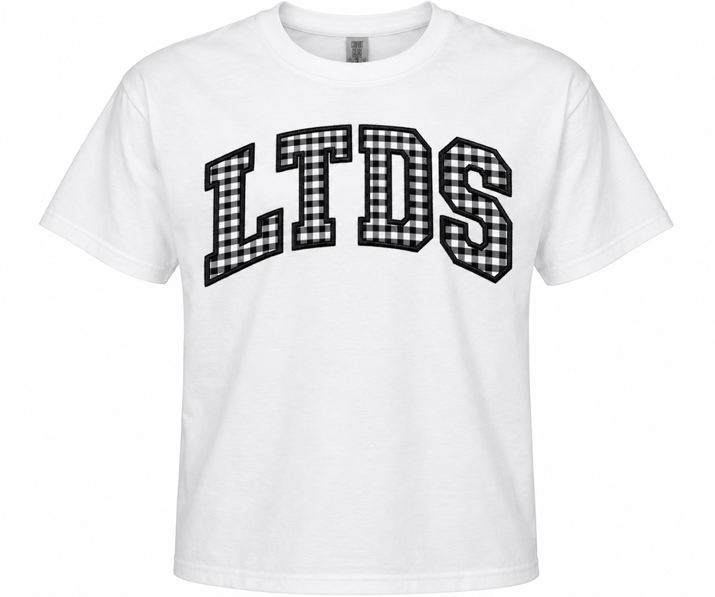 LTDS White Sweatshirt or T-shirt with Gingham Letters