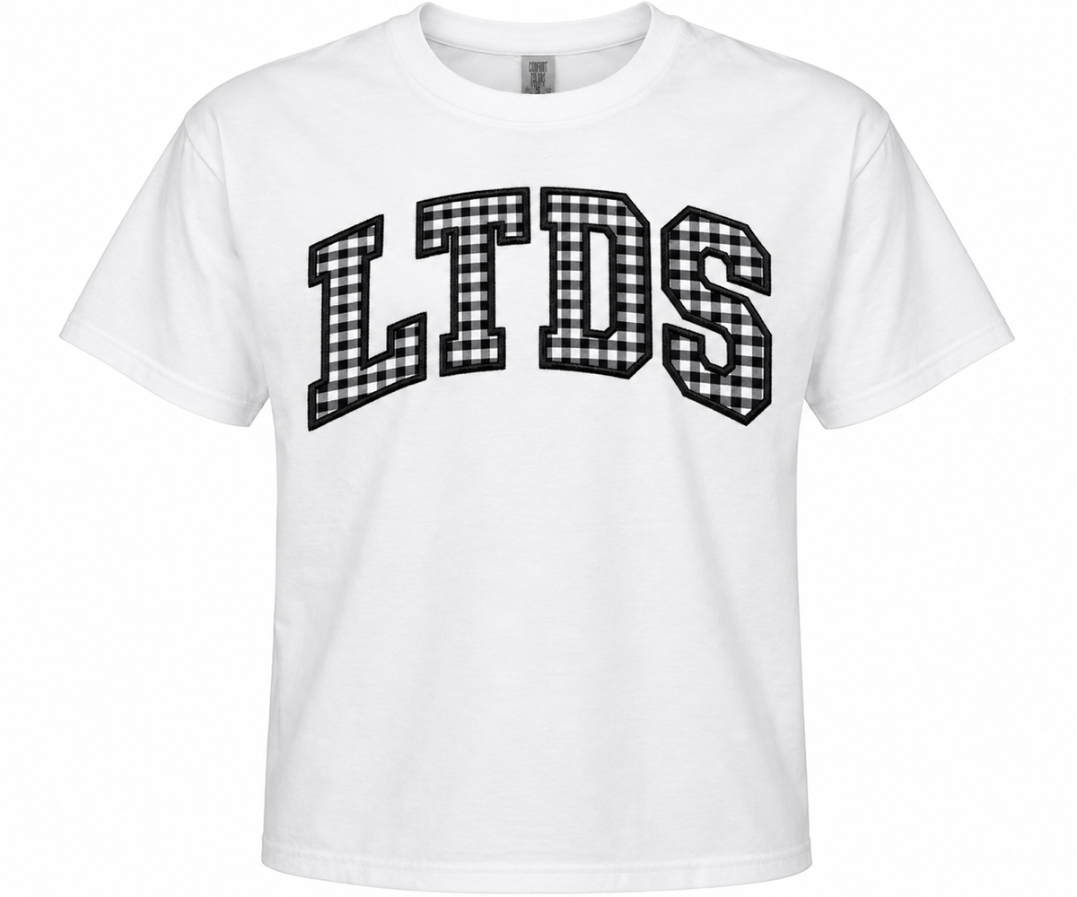LTDS White Sweatshirt or T-shirt with Gingham Letters