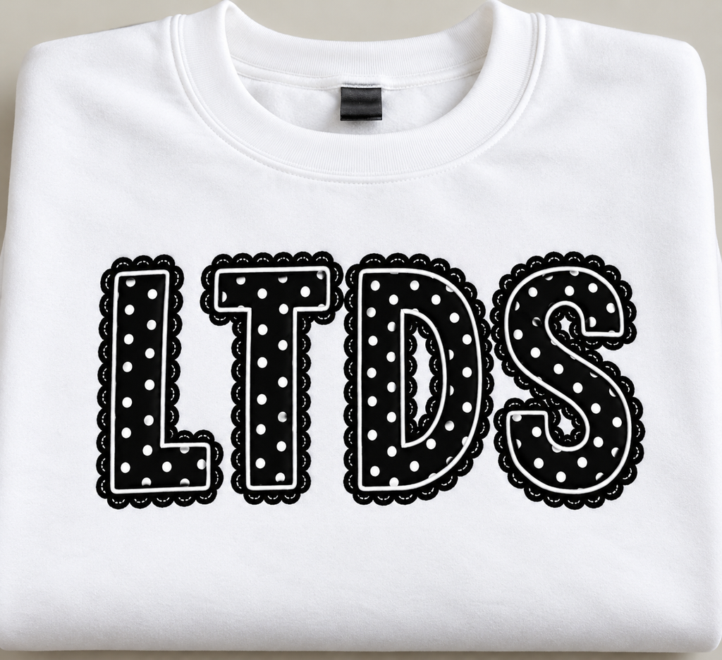 LTDS White Sweatshirt/T-shirt with Polka Dot Letters